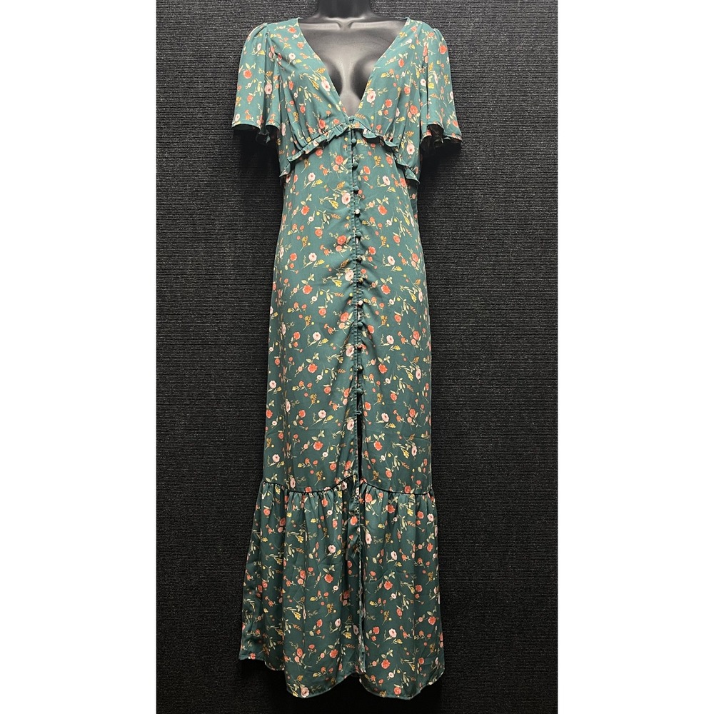 Forever 21 Green Floral Maxi Dress Medium Boho ButtonFront Open Back Flutter Slv